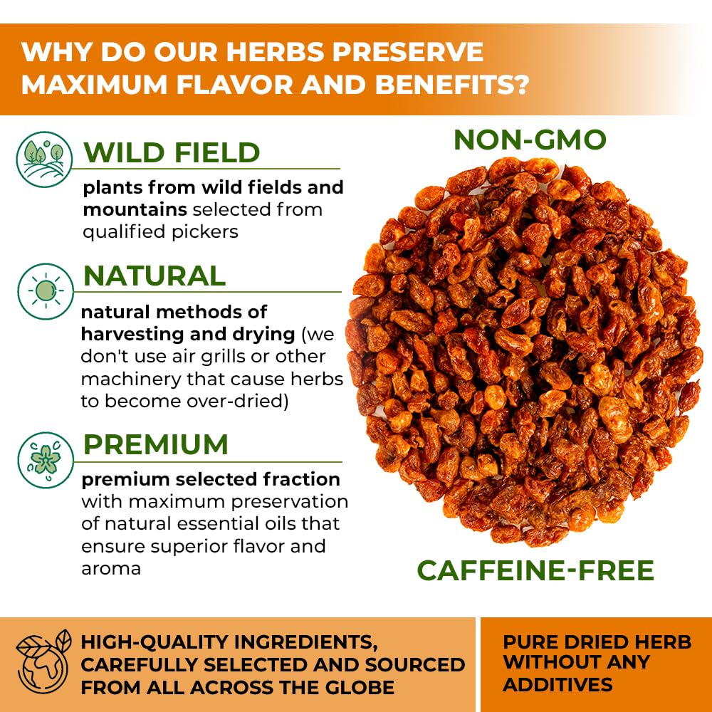 WILDFIELD HERBS Sea Buckthorn Berries closeup shows texture and quality for pure tea.
