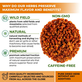 WILDFIELD HERBS Sea Buckthorn Berries closeup shows texture and quality for pure tea.
