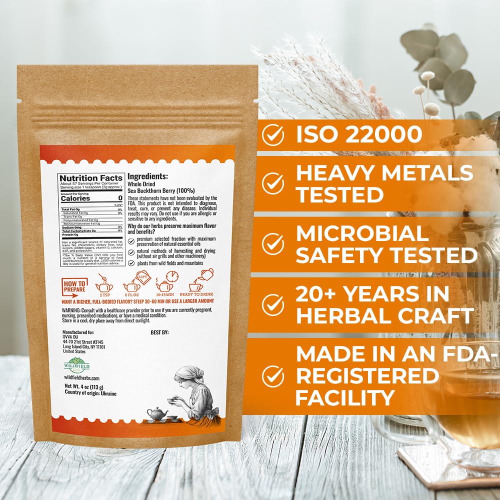 WILDFIELD HERBS Sea Buckthorn Tea steeped cup reveals a bright, inviting infusion.