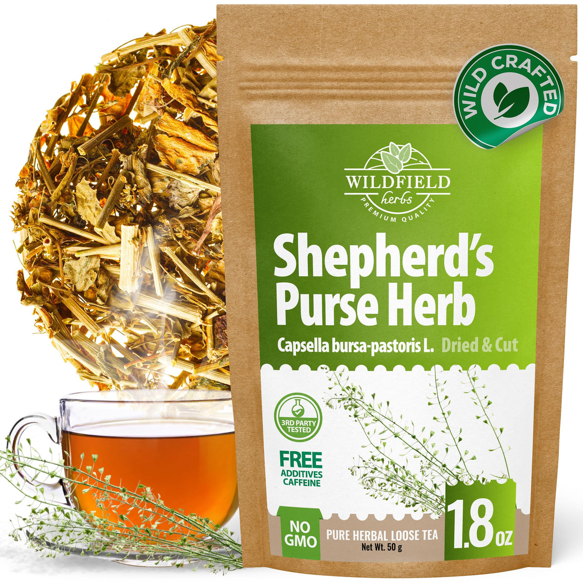 Wildfield Herbs Shepherds Purse Tea bag, ready for a comforting cup