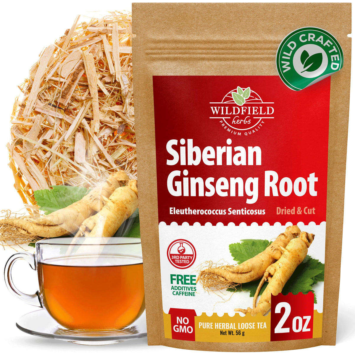 WILDFIELD HERBS Siberian Ginseng Tea box front, inviting aroma for daily rituals.