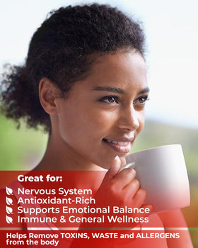 WILDFIELD HERBS Siberian Ginseng Tea brew in a cup, deep earthy aroma.