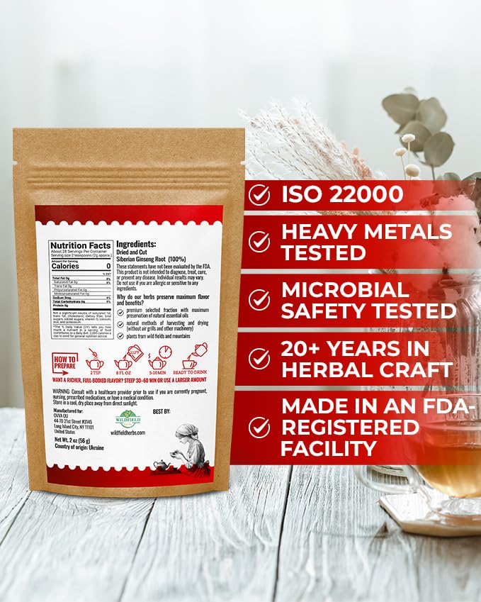 WILDFIELD HERBS Siberian Ginseng Tea sealed packet preserves freshness and flavor.
