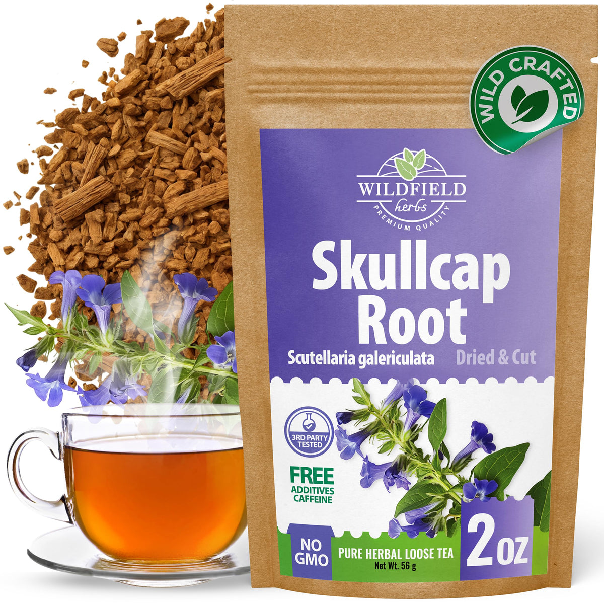 Wildfield Herbs Skullcap Tea box front, inviting a fragrant, caffeine-free evening cup
