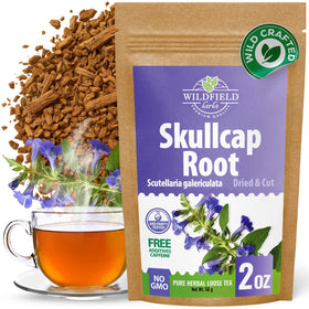 Wildfield Herbs Skullcap Tea box front, inviting a fragrant, caffeine-free evening cup