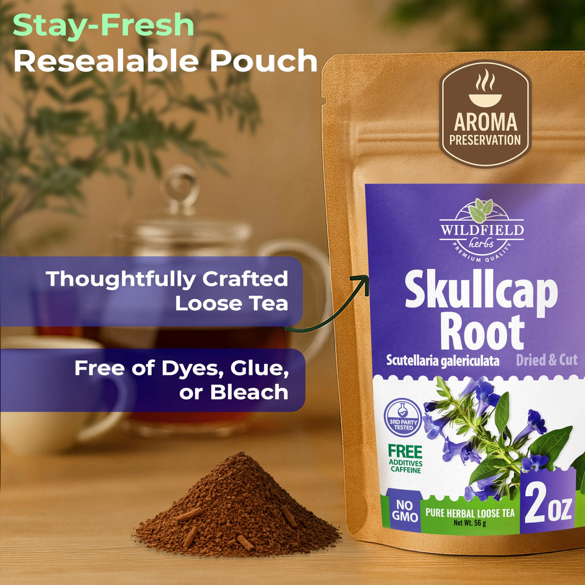 Wildfield Herbs Skullcap Tea dried skullcap bundle, ready for a cozy brew