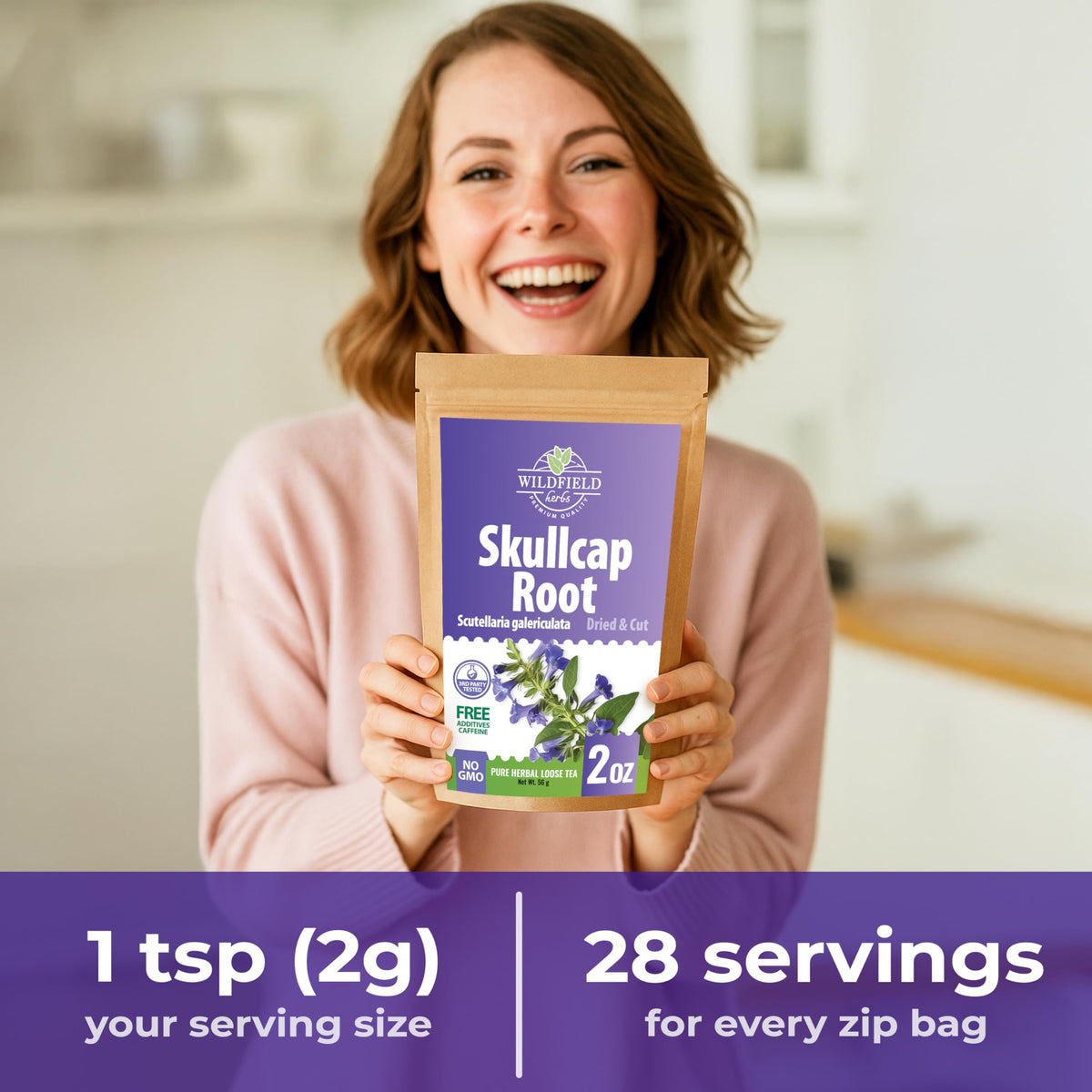 Wildfield Herbs Skullcap Tea origin Europe label, signaling curated European herbs