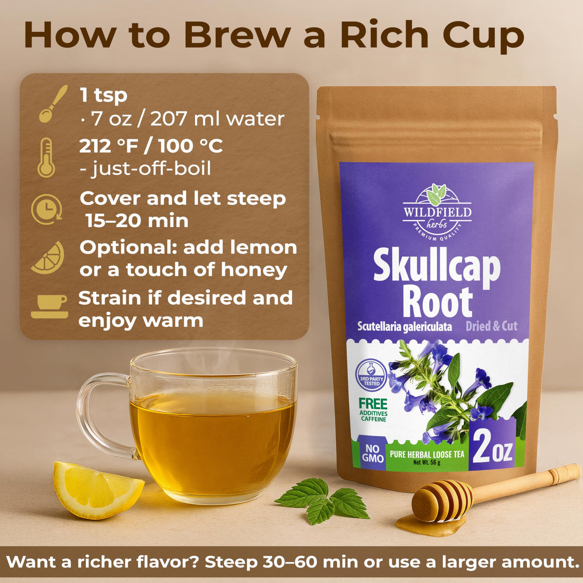 Wildfield Herbs Skullcap Tea steeping cup, capturing a soothing herbal ritual