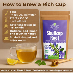 Wildfield Herbs Skullcap Tea steeping cup, capturing a soothing herbal ritual