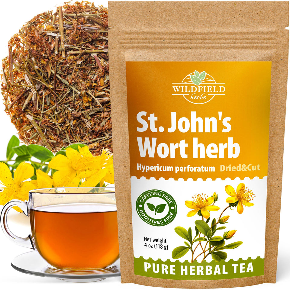 Wildfield Herbs St Johns Wort tea packaging shows freshness and quality