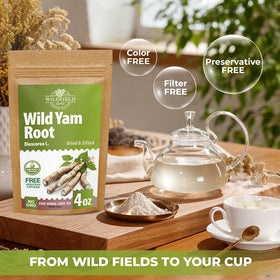 Wildfield Herbs Steeping cup scene emphasizes calm moments and herbal warmth.