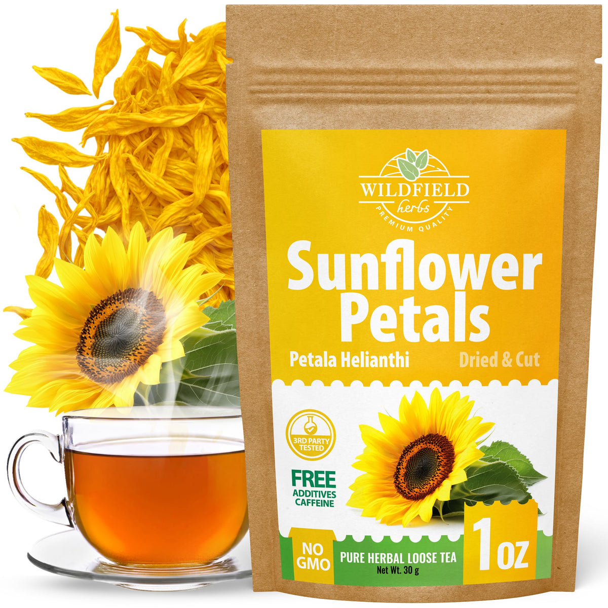 Wildfield Herbs Sunflower Petals Tea packaging close-up with inviting aroma
