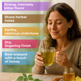 Wildfield Herbs tea bags steeping in hot water releasing rich aroma.