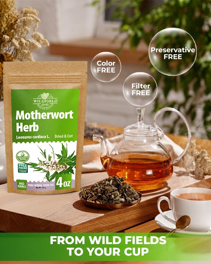 Wildfield Herbs steeping tea in a clear cup reveals warm color.