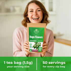 A hot cup of Wildfield Herbs Hop Tea during steeping reveals aroma.