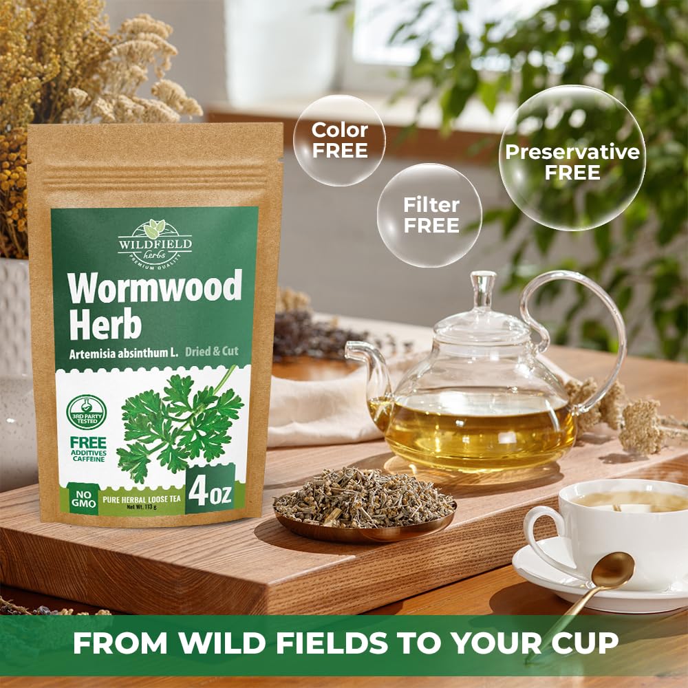 Wildfield Herbs tea infusion in a cup demonstrates inviting amber color.
