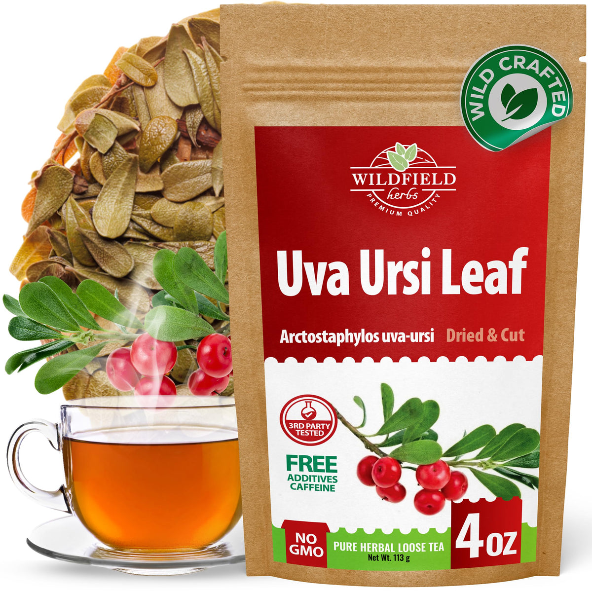 Wildfield Herbs Uva Ursi tea box packaging shows freshness and quality.