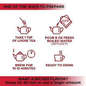 Brewed cup reveals warm amber color and gentle herbal scent.
