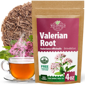 Wildfield Herbs Valerian Tea box packaging preserves aroma for a fresh pour.