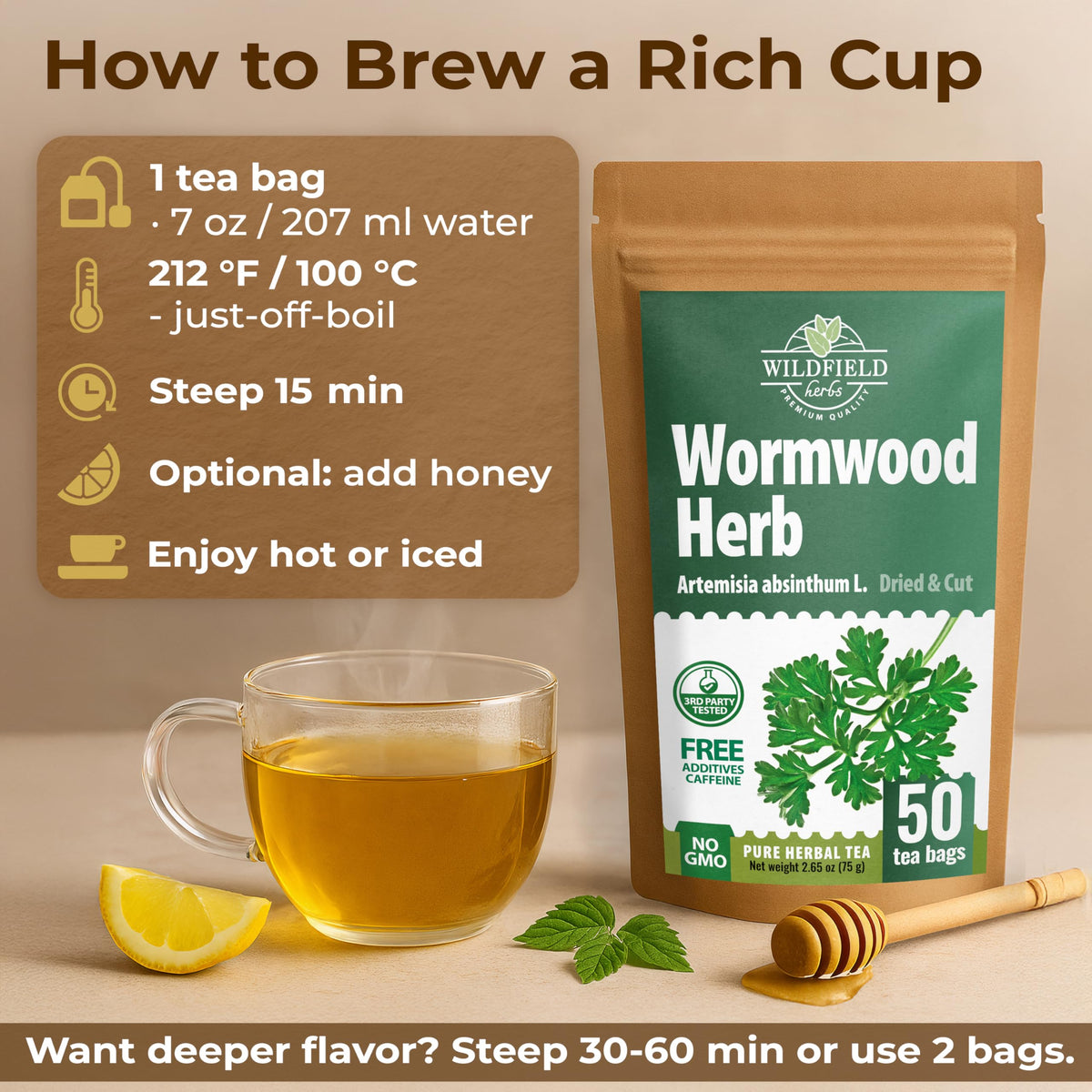 Wildfield Herbs wormwood herbal tea cup ready for a soothing brew.
