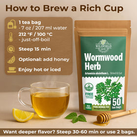 Wildfield Herbs wormwood herbal tea cup ready for a soothing brew.