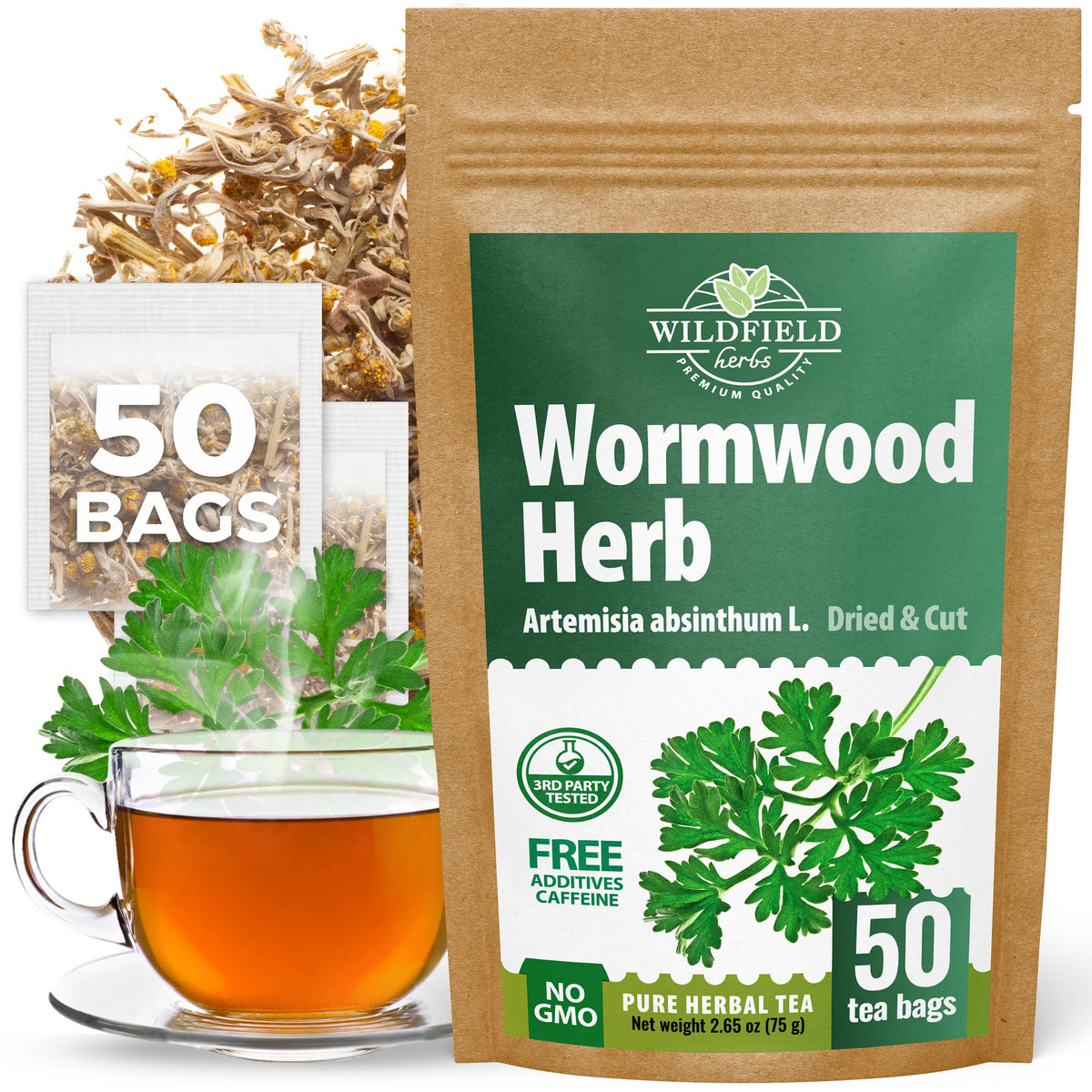 Wildfield Herbs Wormwood tea bags in a box, fresh and aromatic.