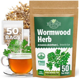 Wildfield Herbs Wormwood tea bags in a box, fresh and aromatic.