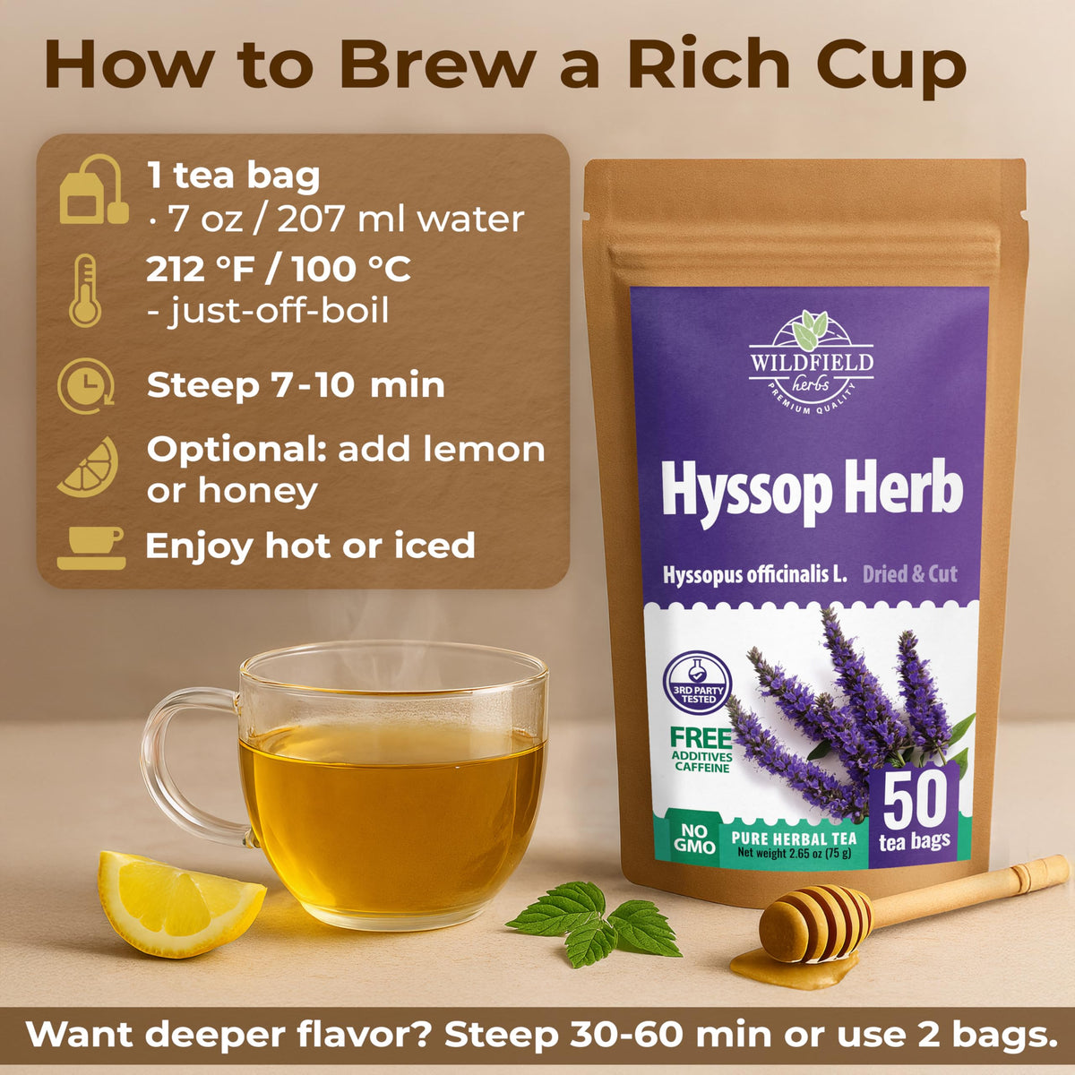 Wildfield Hyssop steeping steam invites a comforting, aromatic tea moment