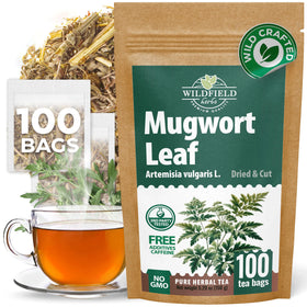 Wildfield Herbs mugwort tea bags packaging box emphasizing quality and aroma