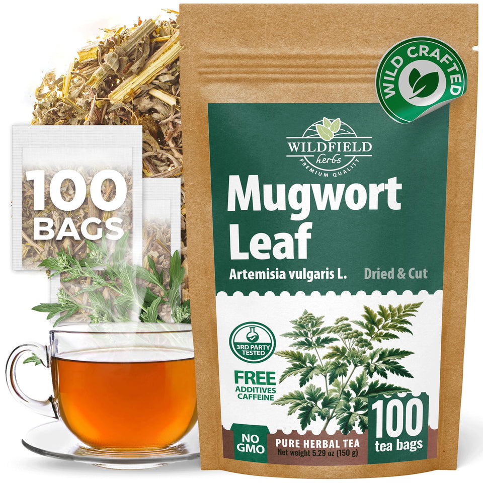 Wildfield Herbs mugwort tea bags packaging box emphasizing quality and aroma