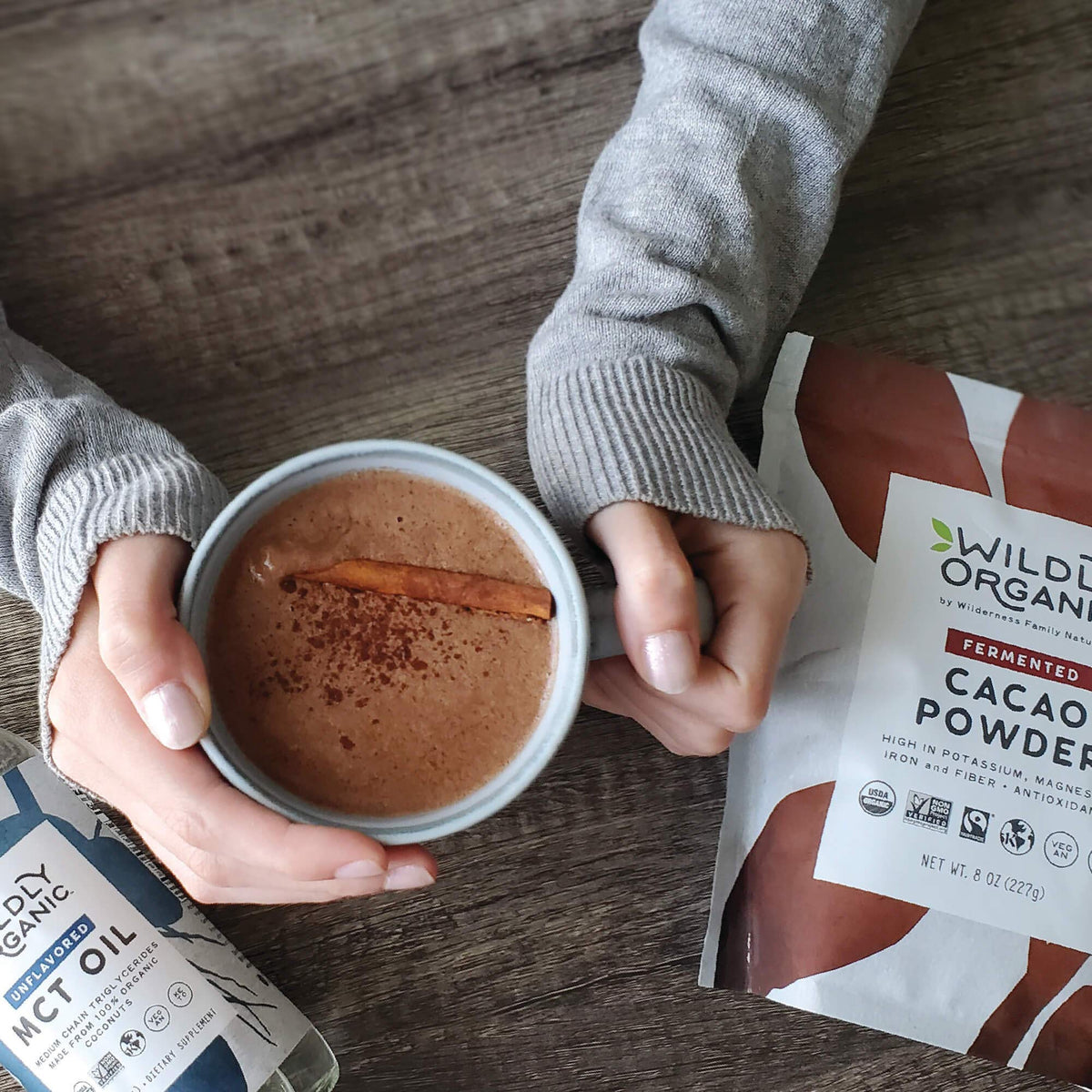 Wildly Organic cacao powder in baking batter for rich flavor.