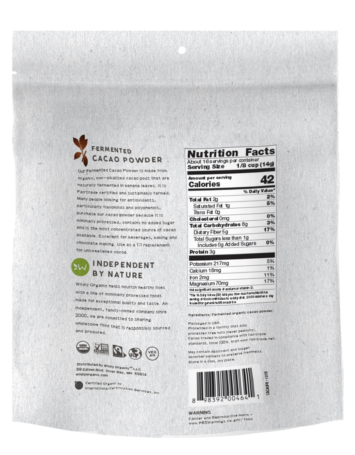 Wildly Organic cacao powder in a baking dish emphasizes non-alkalized flavor for recipes