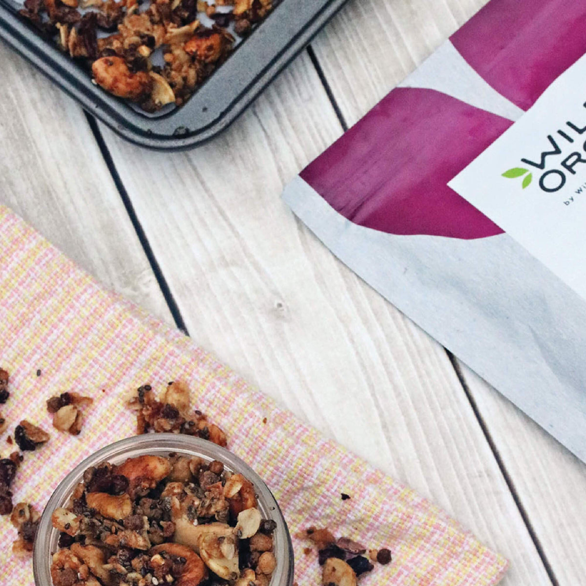Wildly Organic cacao nibs sprinkled on smoothies, yogurt, and granola.