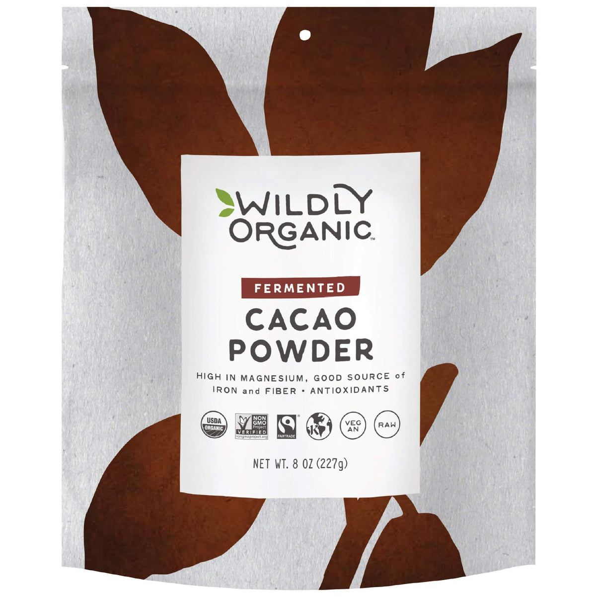 Wildly Organic fermented cacao powder in a bag shows organic fair trade quality for baking