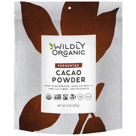 Wildly Organic fermented cacao powder in a bag shows organic fair trade quality for baking