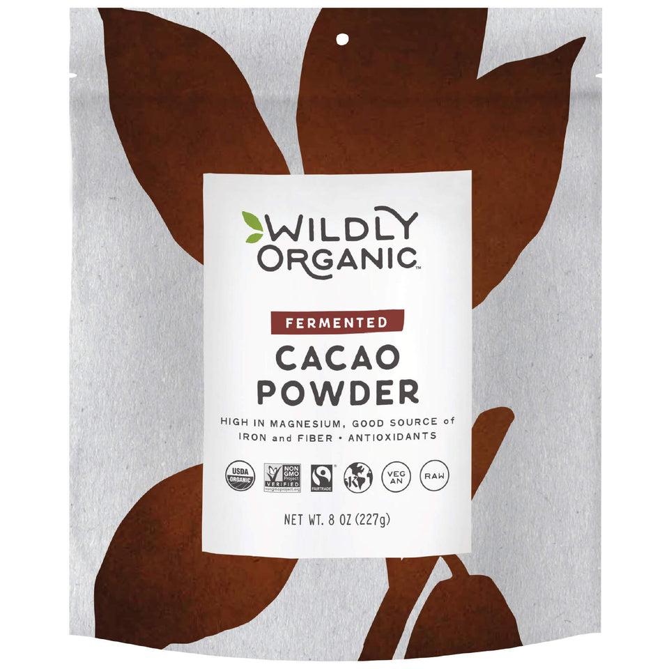 Wildly Organic fermented cacao powder in a bag shows organic fair trade quality for baking