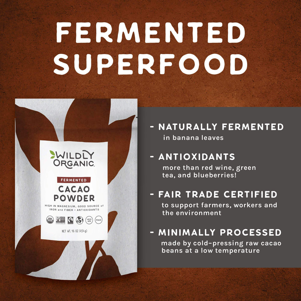 Wildly Organic cacao powder texture close-up showing rich, unprocessed cacao.