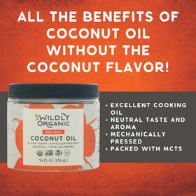 Wildly Organic MCT coconut oil label highlighting MCT content for everyday cooking.
