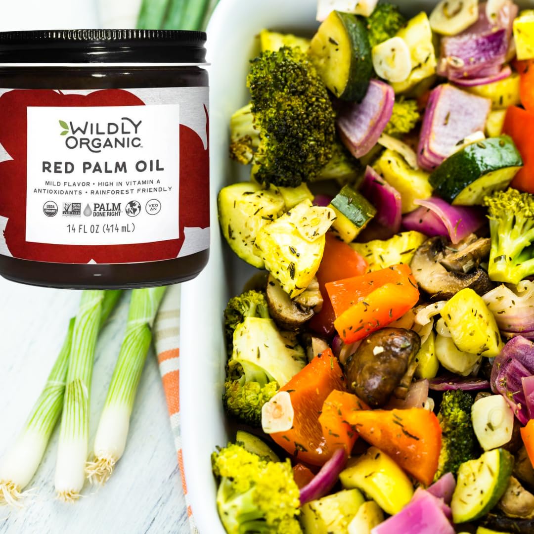 Wildly Organic red palm oil in a baking dish highlighting baked color
