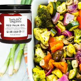 Wildly Organic red palm oil in a baking dish highlighting baked color