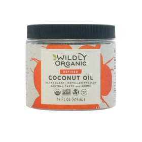 Wildly Organic refined coconut oil bottle with neutral flavor for versatile cooking.