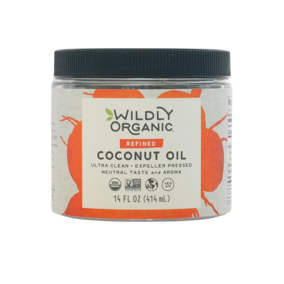 Wildly Organic refined coconut oil bottle with neutral flavor for versatile cooking.