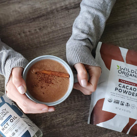 Wildly Organic vegan kosher cacao powder packaging emphasizes purity and ethical sourcing