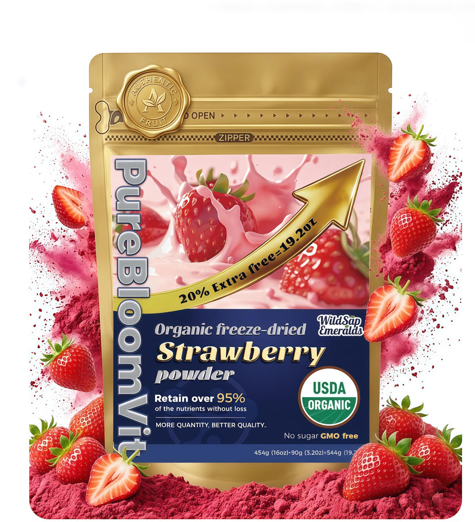 WildSap Emeralds Strawberry Powder jar closeup showing pure fruit quality for vibrant recipes.