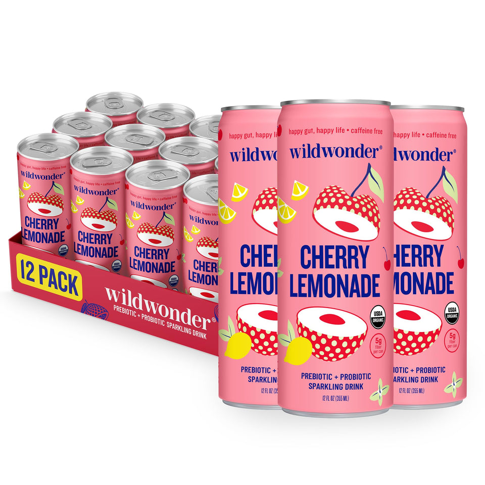 Wildwonder Cherry Lemonade can front, refreshing probiotic drink