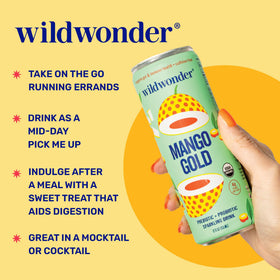 Wildwonder Mango Gold bottle pouring, ideal as a healthy mixer or standalone treat
