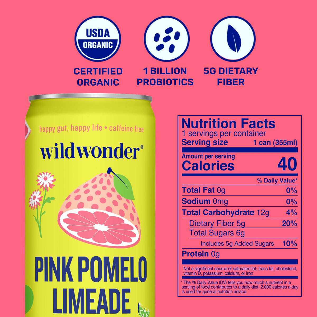 Wildwonder pink pomelo-limeade glass, sparkling hydration with plant-based prebiotics
