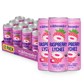 Wildwonder Raspberry Lychee sparkling can with probiotic benefits.