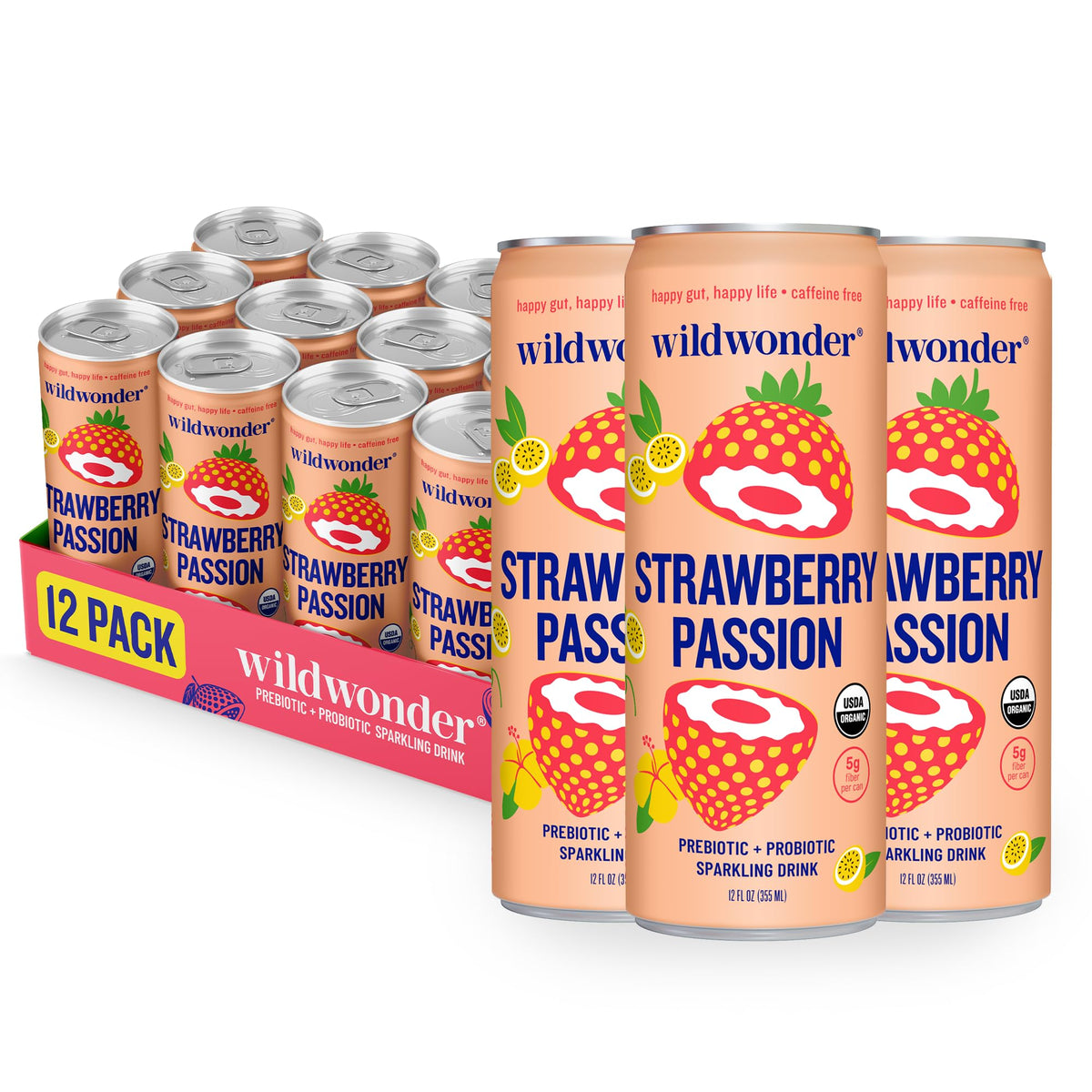 Wildwonder Sparkling Probiotic Can Strawberry Passion shows a refreshing gut-friendly beverage