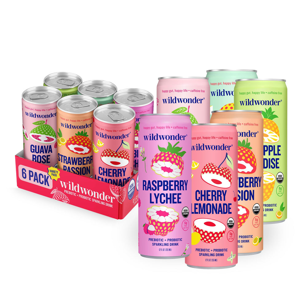 Wildwonder Sparkling Probiotic Drink 6pk on fridge shelf, a refreshing gut-friendly option.